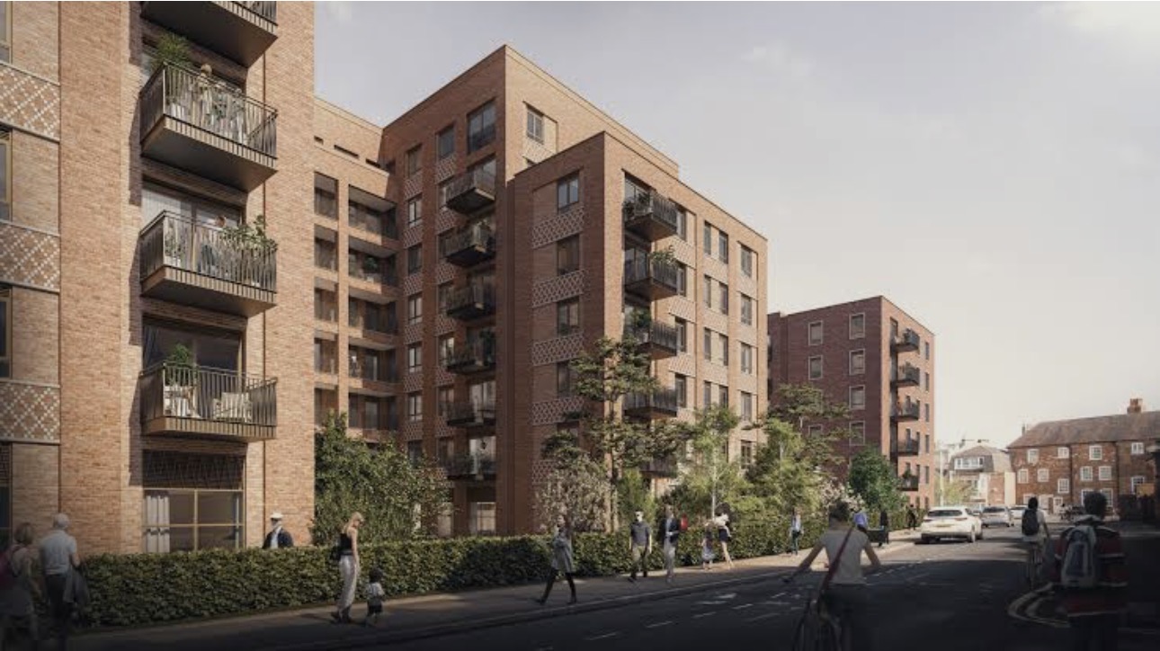 John Lewis Partnership Living development with brick apartment buildings, planted streets and shared public space