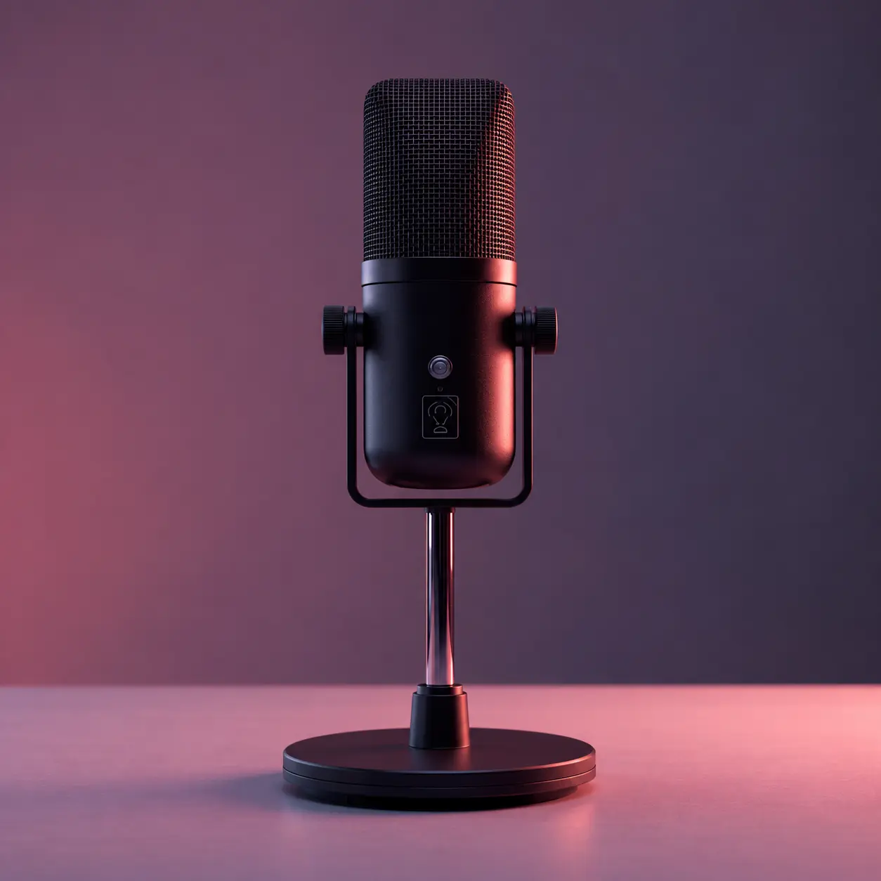 Podcast microphone in softly lit studio surroundings