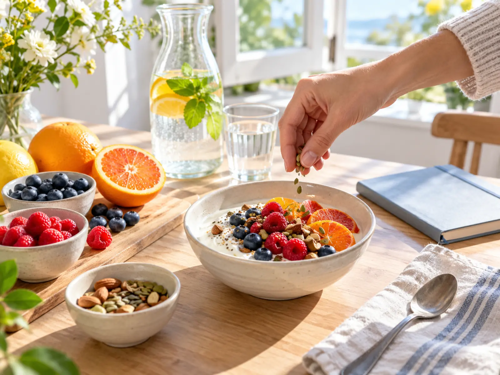 Fresh fruit, yoghurt and water prepared in morning light
