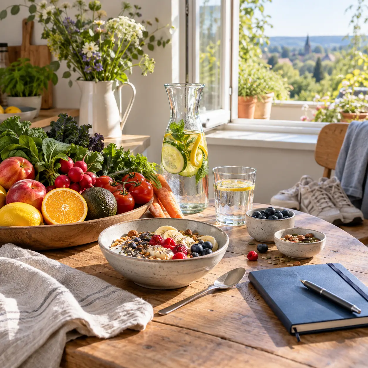 Fresh food, water, trainers and a journal arranged in bright morning light
